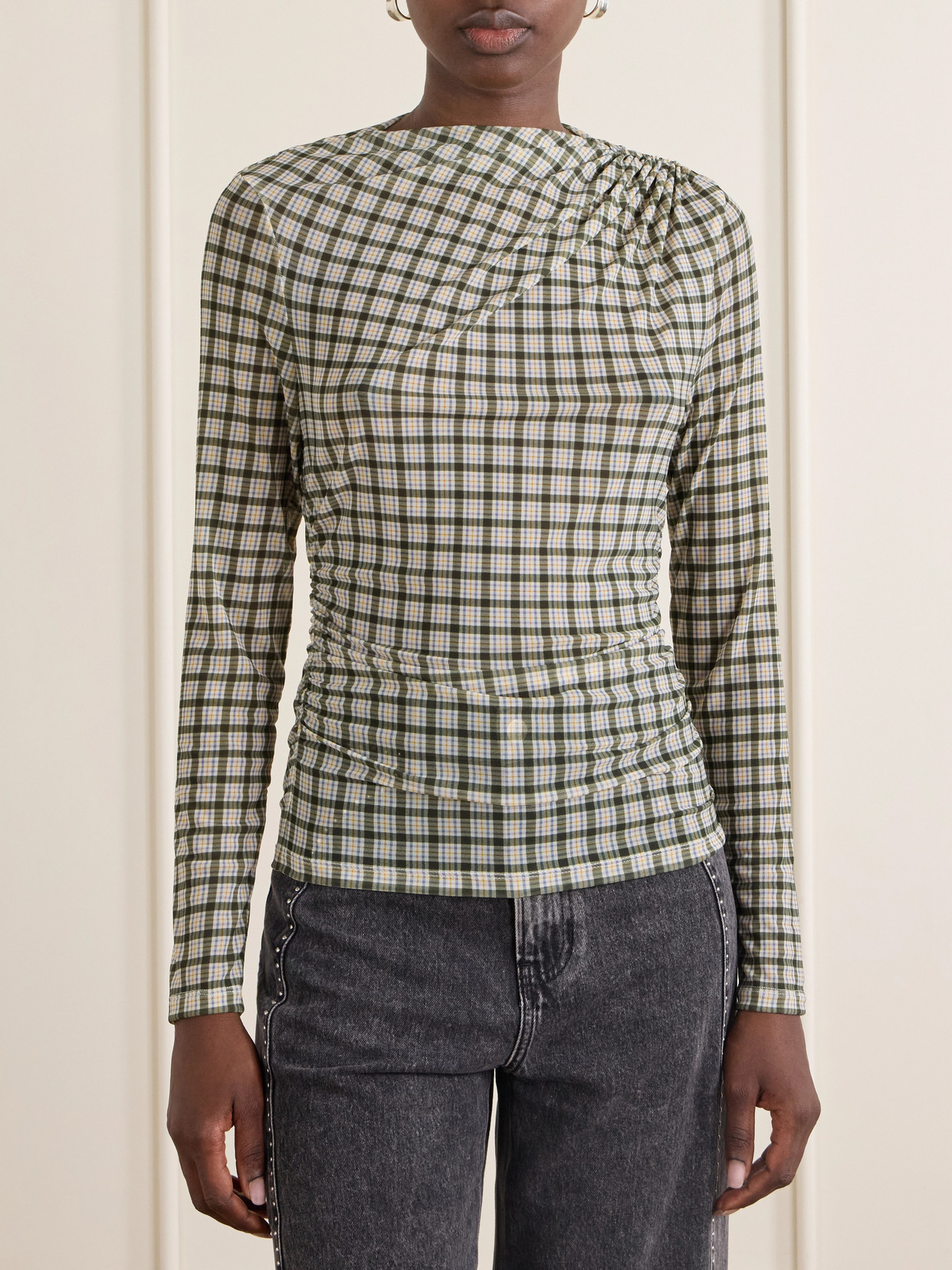 Nuvina Gathered Checked Stretch-Mesh Blouse