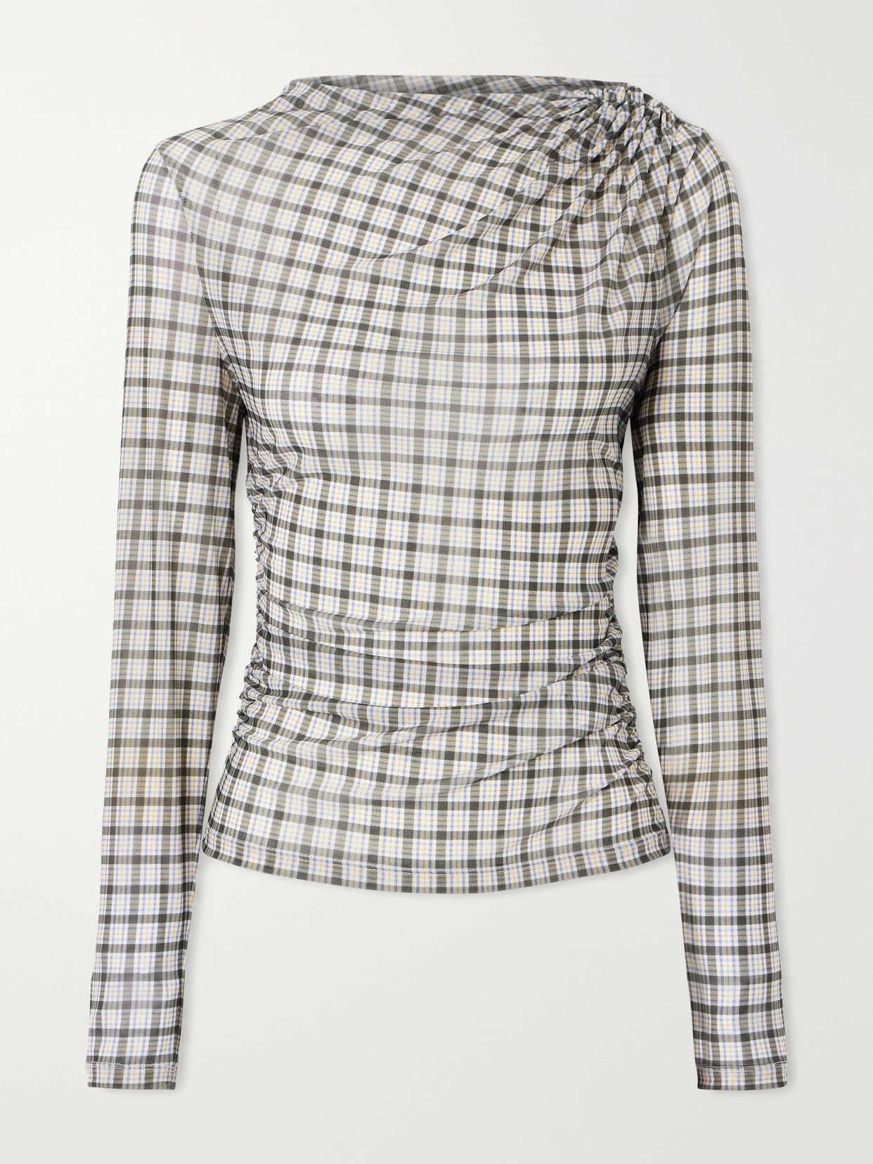 Veronica Beard Nuvina Gathered Checked Stretch-mesh Blouse In Green