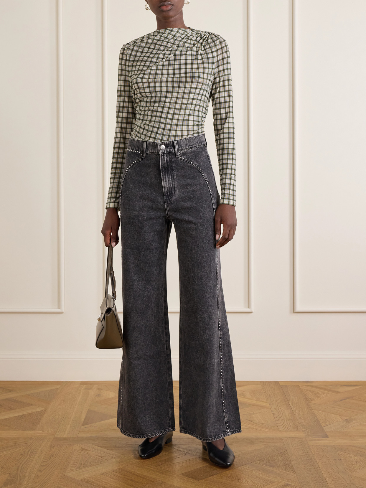 Nuvina Gathered Checked Stretch-Mesh Blouse