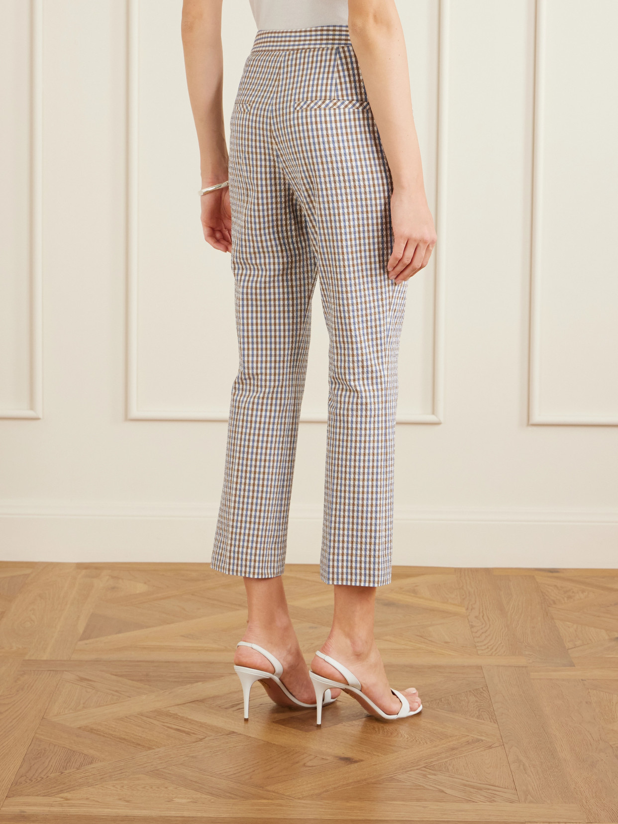 Veronica Beard Gingham Cotton Seersucker Cropped Slim Pants In Gray
