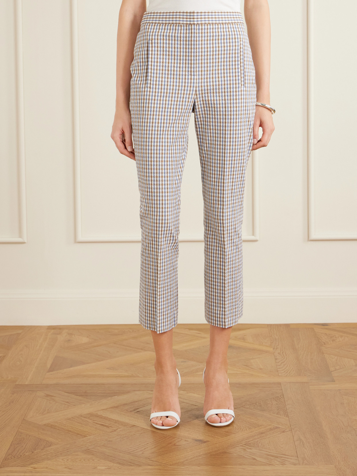 Veronica Beard Gingham Cotton Seersucker Cropped Slim Pants In Gray