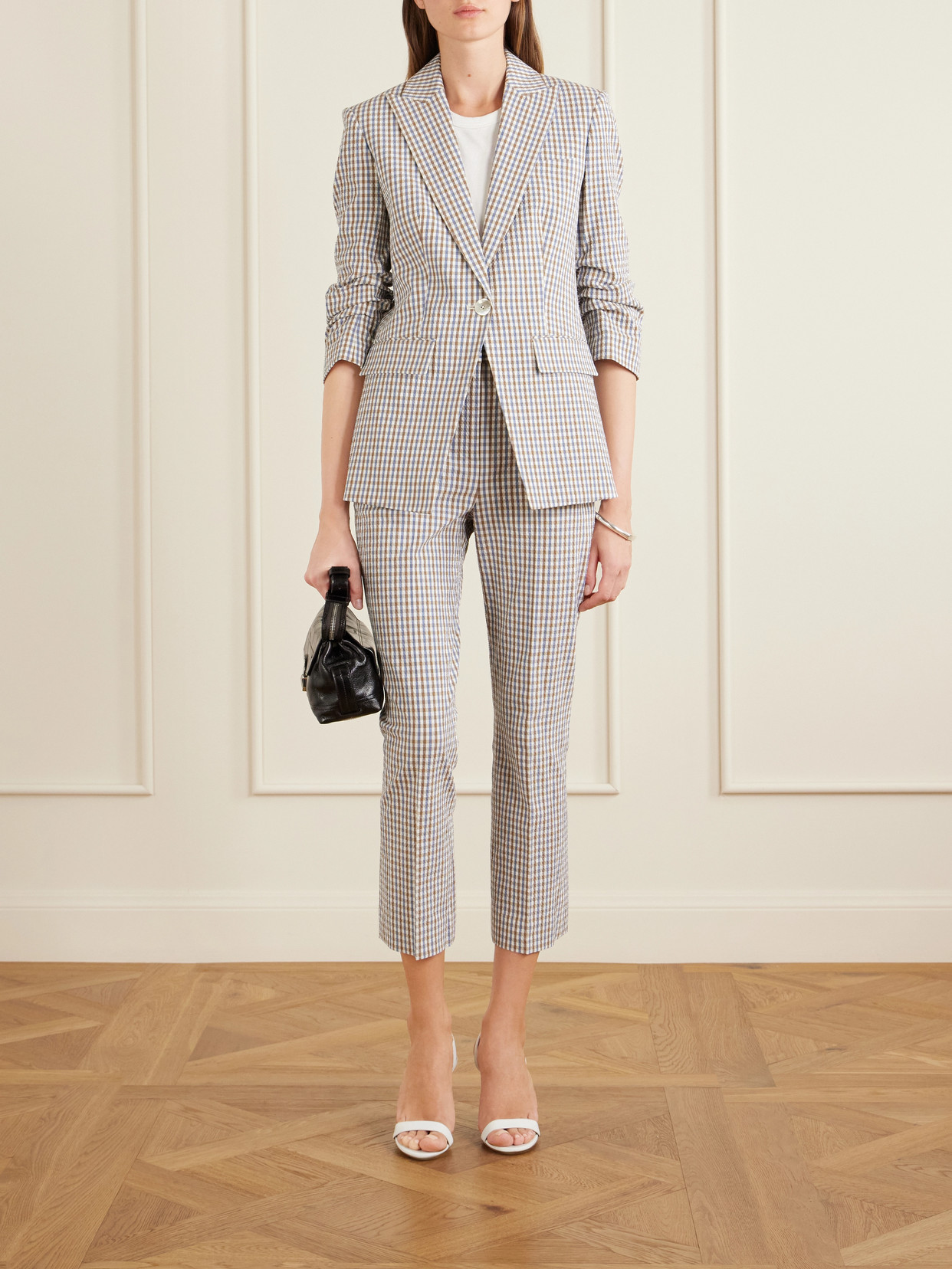 Veronica Beard Gingham Cotton Seersucker Cropped Slim Pants In Gray