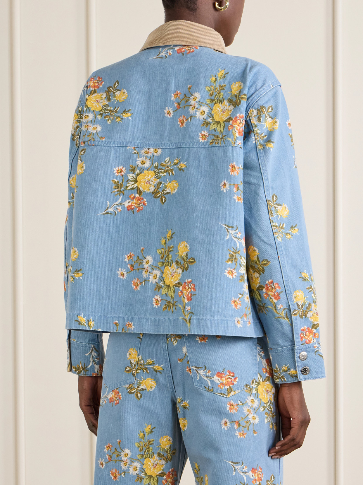 Leighton Corduroy-Trimmed Floral-Print Denim Jacket