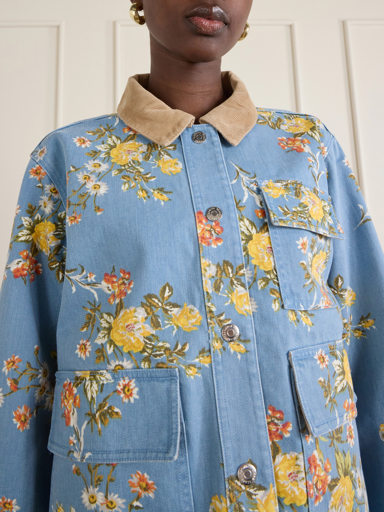 Leighton Corduroy-Trimmed Floral-Print Denim Jacket