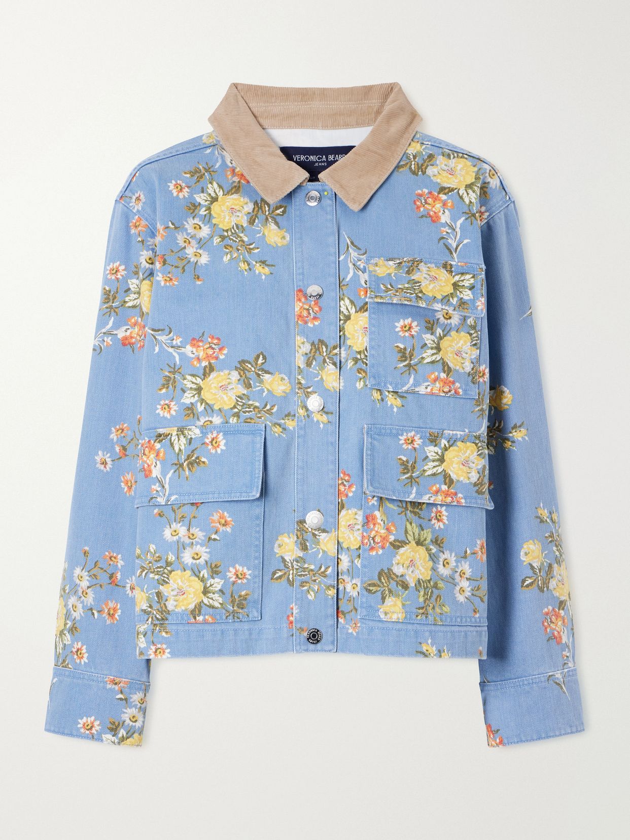 Leighton corduroy-trimmed floral-print denim jacket