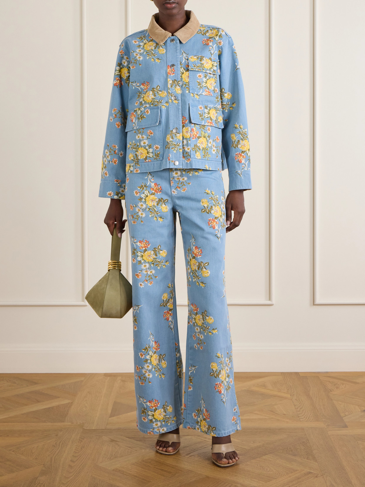 Leighton Corduroy-Trimmed Floral-Print Denim Jacket