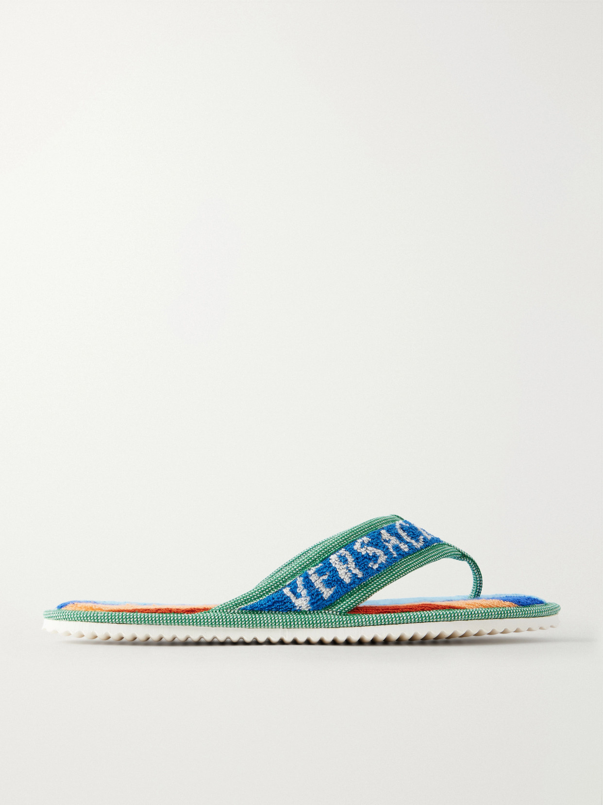 Versace Striped Cotton-terry Flip Flops In Blue