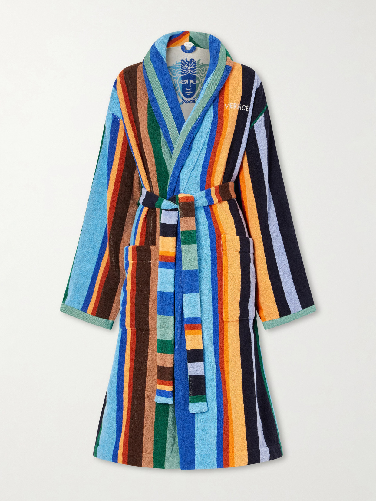 Versace Medusa Belted Striped Cotton-terry Robe In Multi