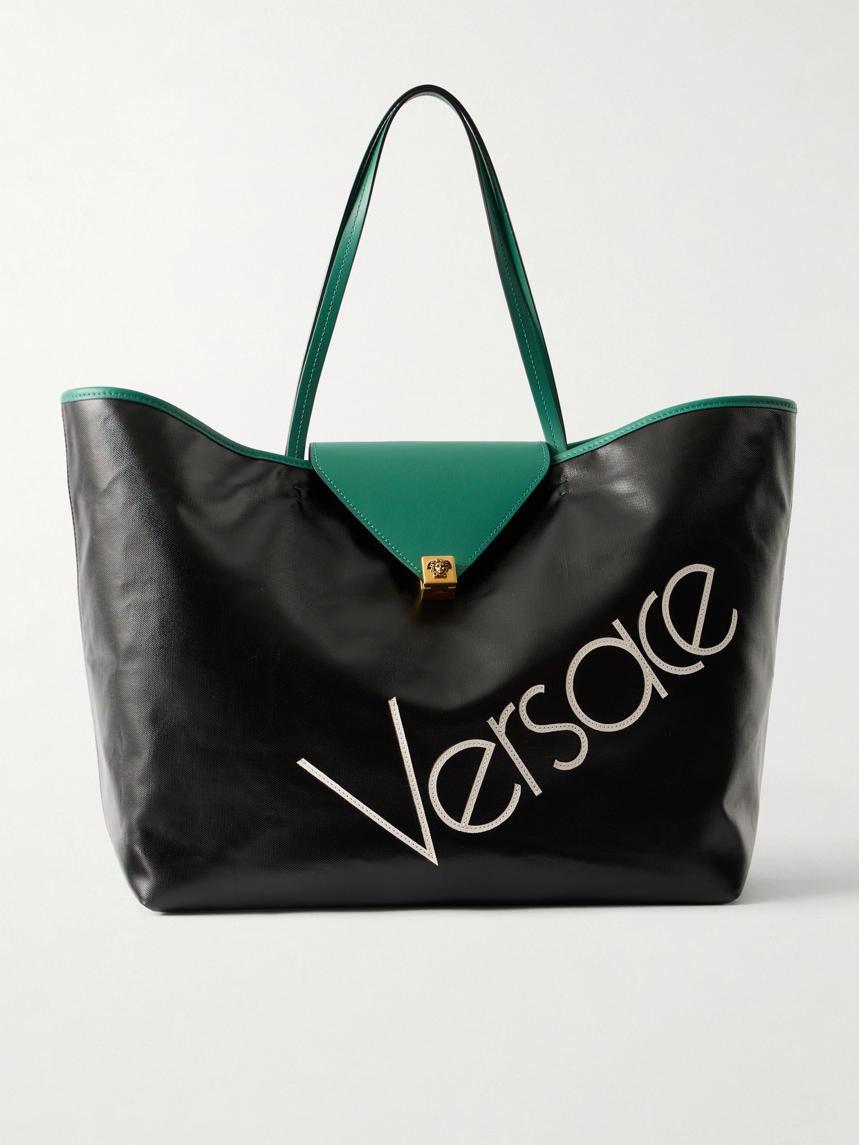 Versace Logo-appliquéd Leather-trimmed Coated-canvas Tote In Pink