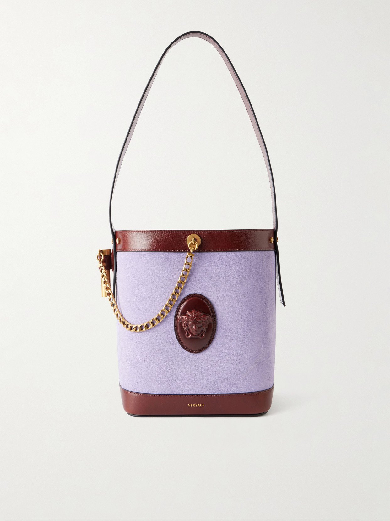 Versace Pivot Leather-trimmed Suede Bucket Bag In Multi