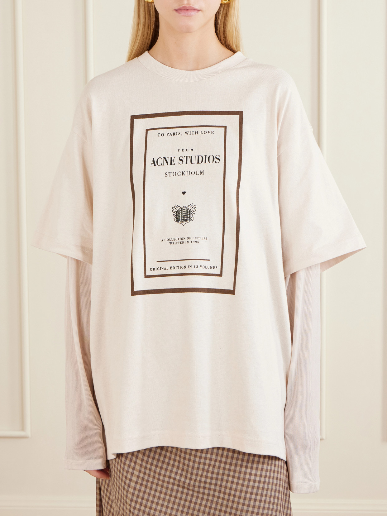 Acne Studios Womens Warm Beige Layered Graphic Book Print Cotton-jersey T-shirt In Multi