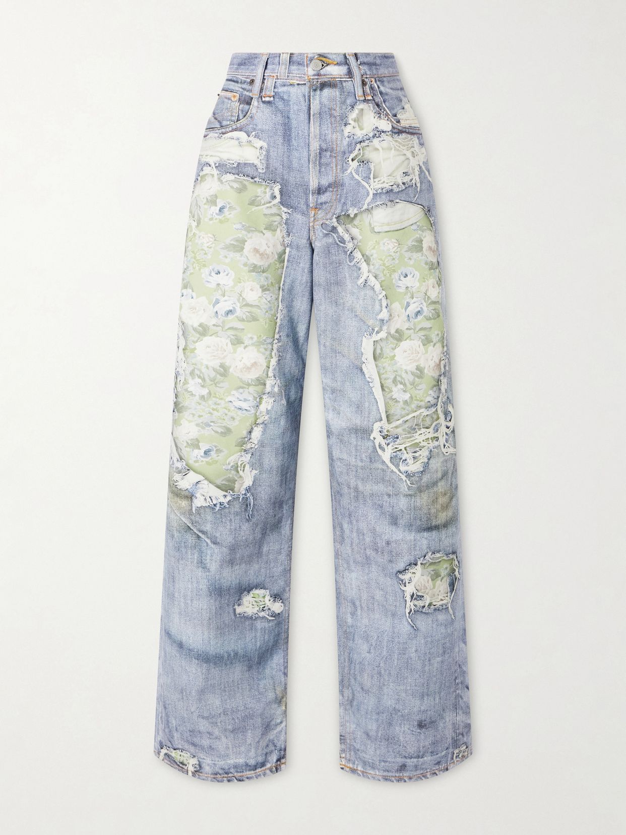1981 denim rose printed cotton mid rise wide leg jeans