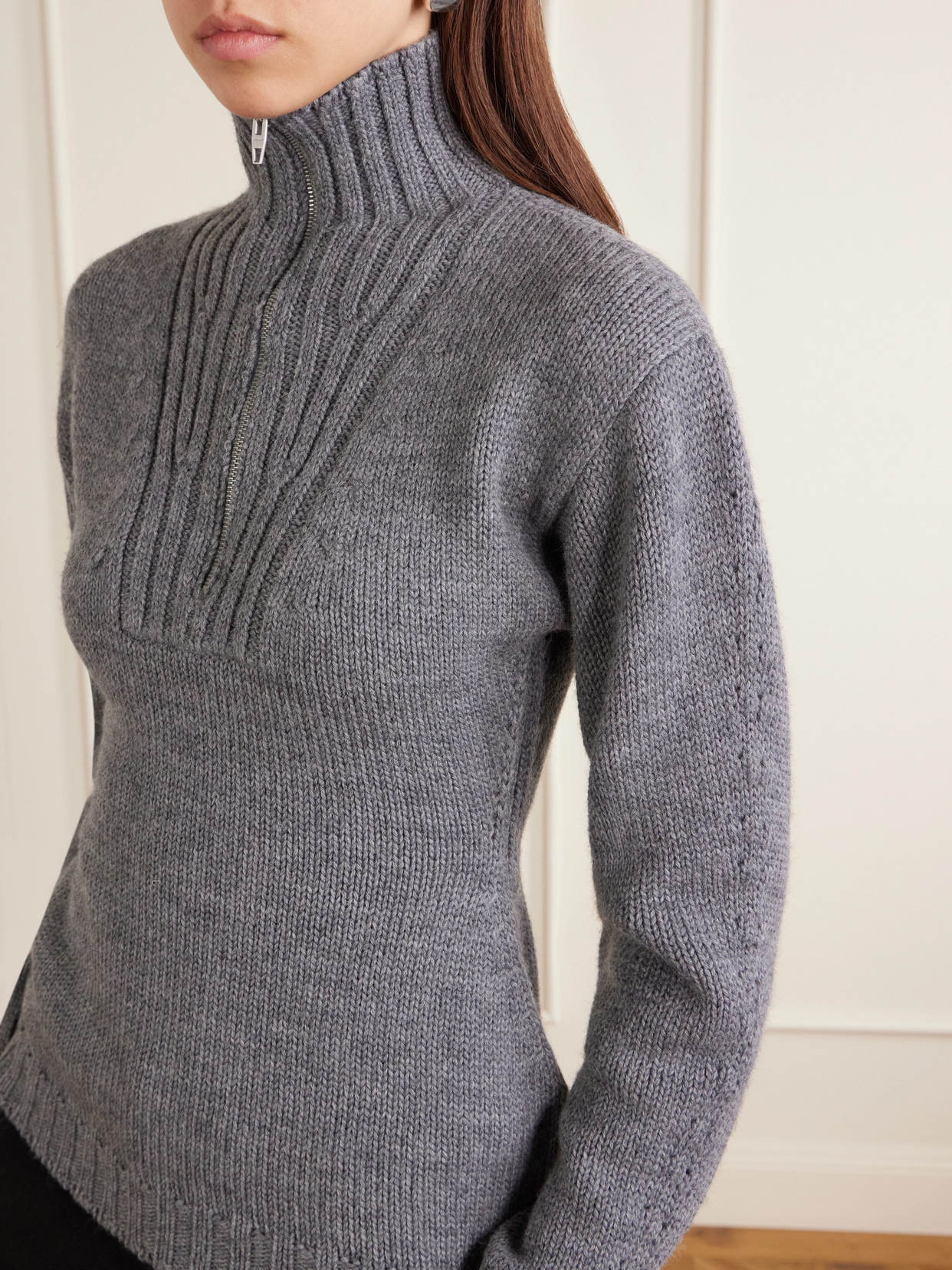 Ribbed-Knit Wool Half-Zip Turtleneck Sweater