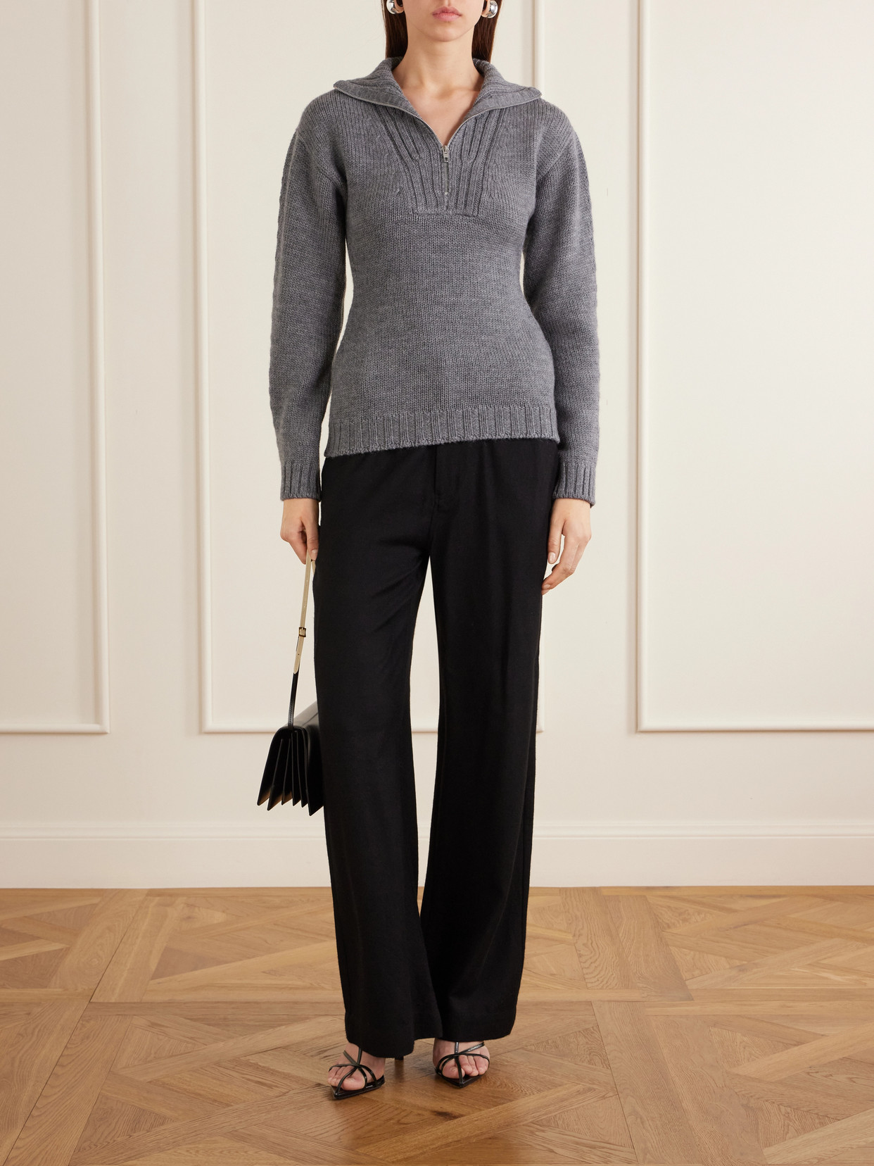 Ribbed-Knit Wool Half-Zip Turtleneck Sweater