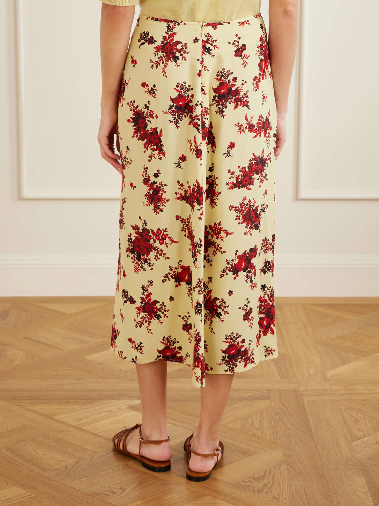 Floral-Print Satin Midi Skirt