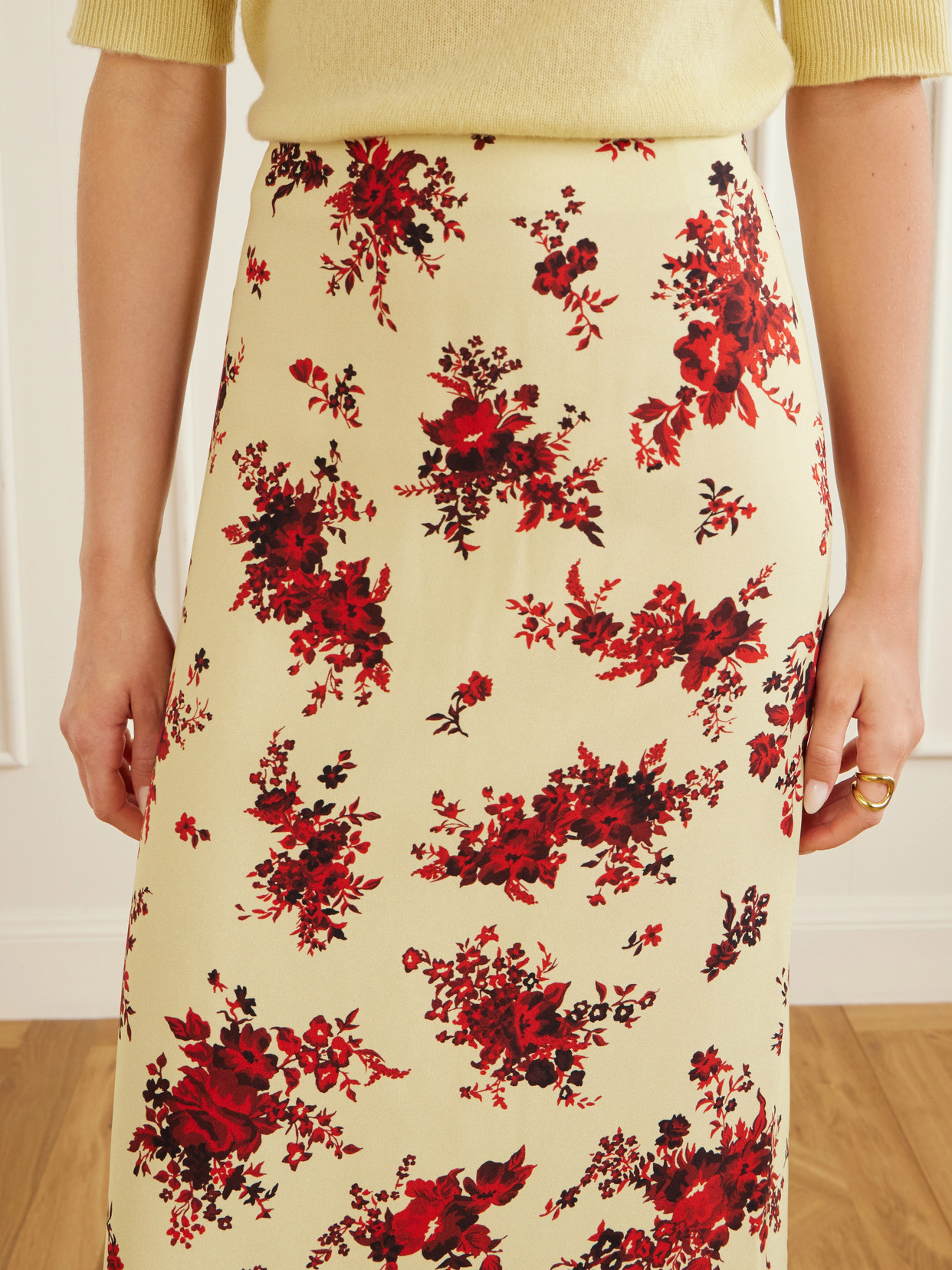 Floral-Print Satin Midi Skirt