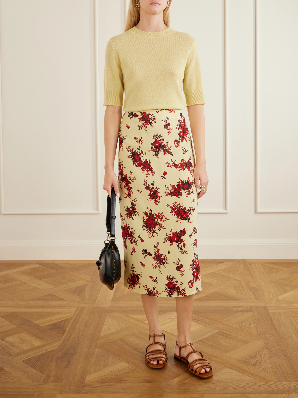 Floral-Print Satin Midi Skirt