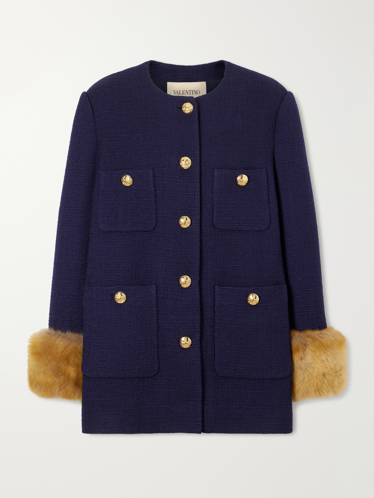 Valentino Plush-trimmed Wool Coat In Blue