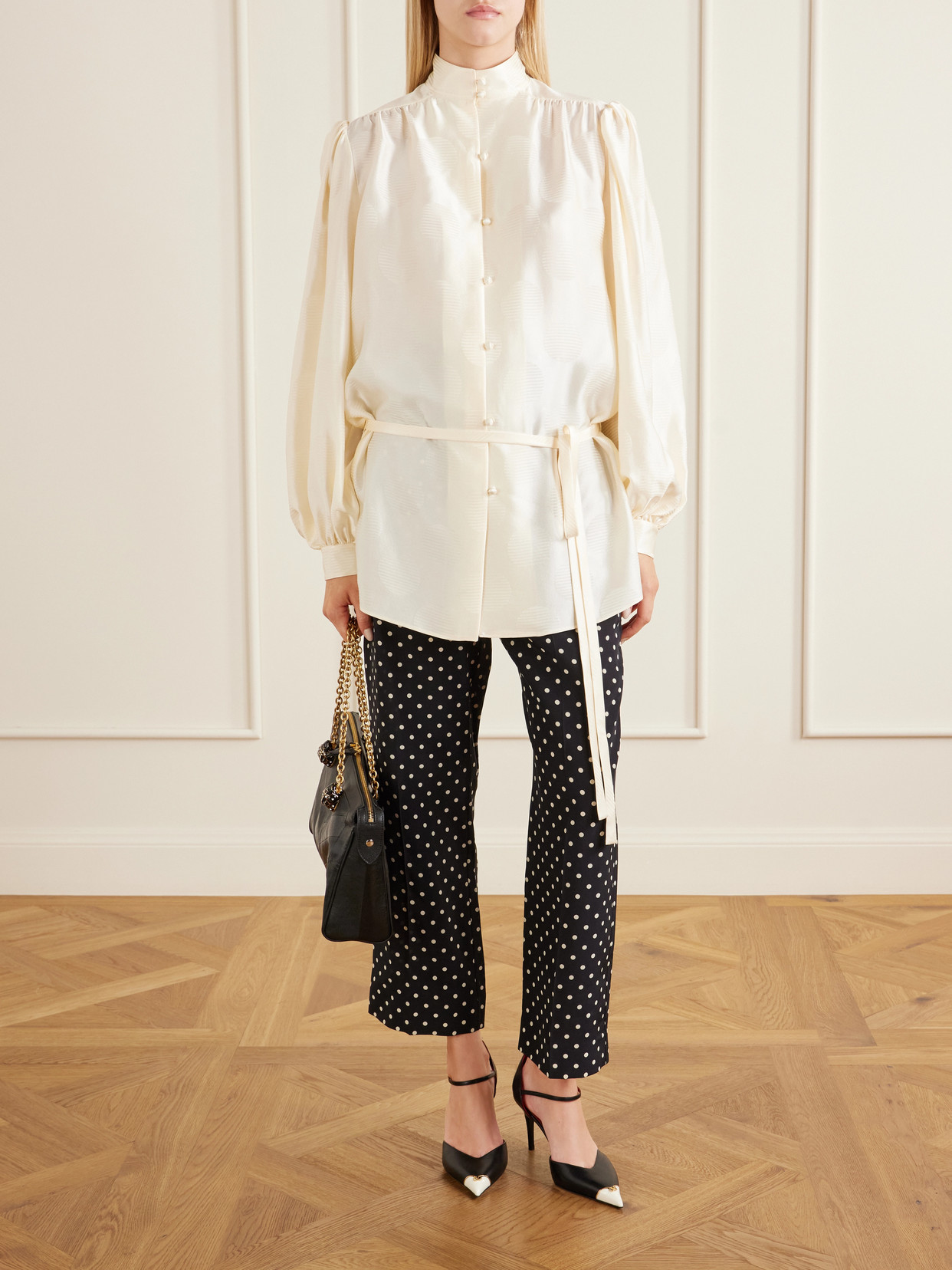 Garavani - Belted Polka-Dot Silk-Jacquard Blouse
