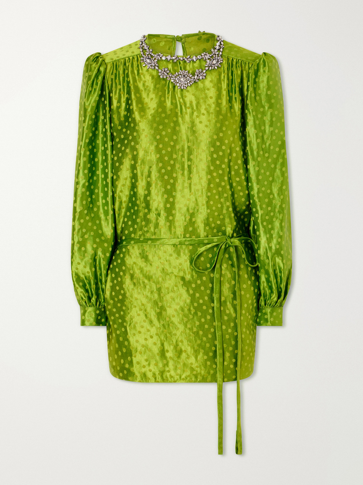 Valentino Belted Crystal-embellished Polka-dot Devoré Linen And Silk-blend Mini Dress In Green