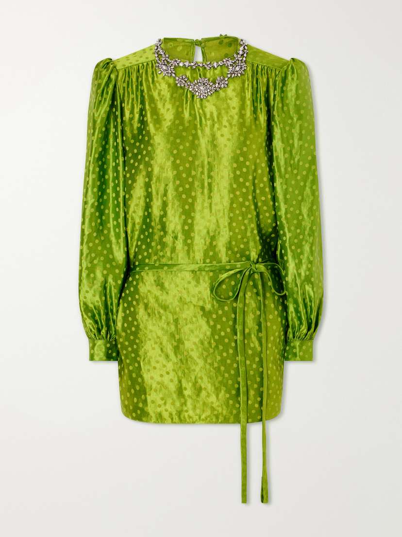 Valentino Garavani Belted Crystal-embellished Polka-dot Devoré Linen And Silk-blend Mini Dress
