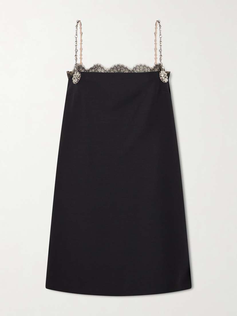 Valentino Garavani Crystal-embellished Lace-trimmed Wool And Silk-blend Crepe Mini Dress