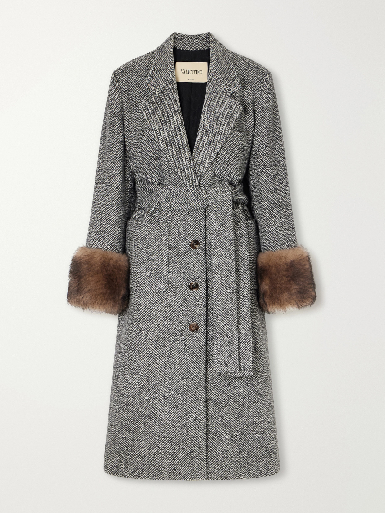 Valentino Belted Shearling-trimmed Herringbone Wool-blend Coat In Gray