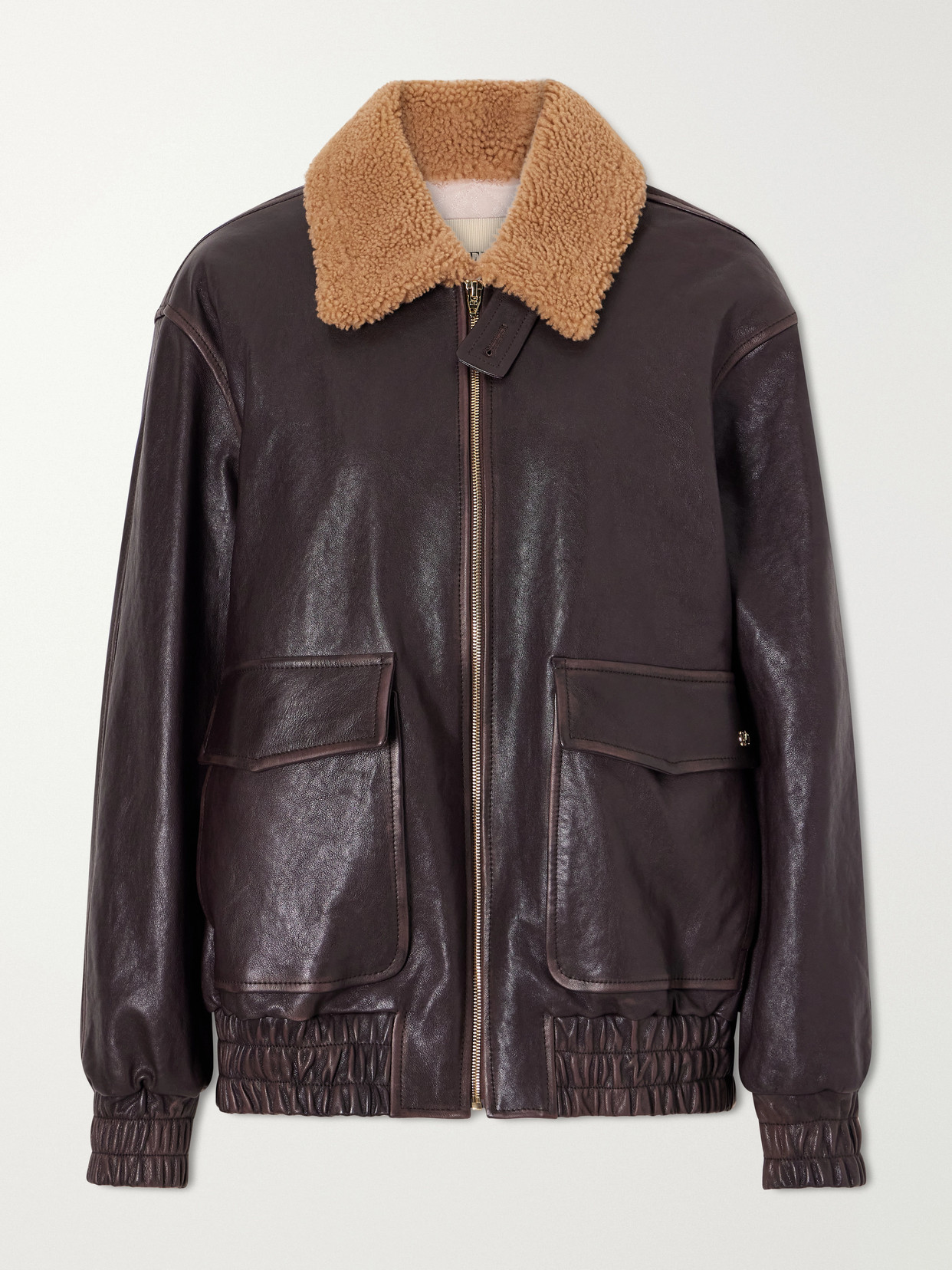 Valentino Shearling-trimmed Leather Biker Jacket In Brown