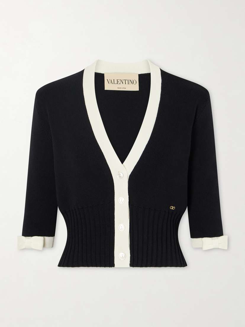Valentino Garavani Cropped Bow-embellished Two-tone Ribbed-knit Cotton Cardigan
