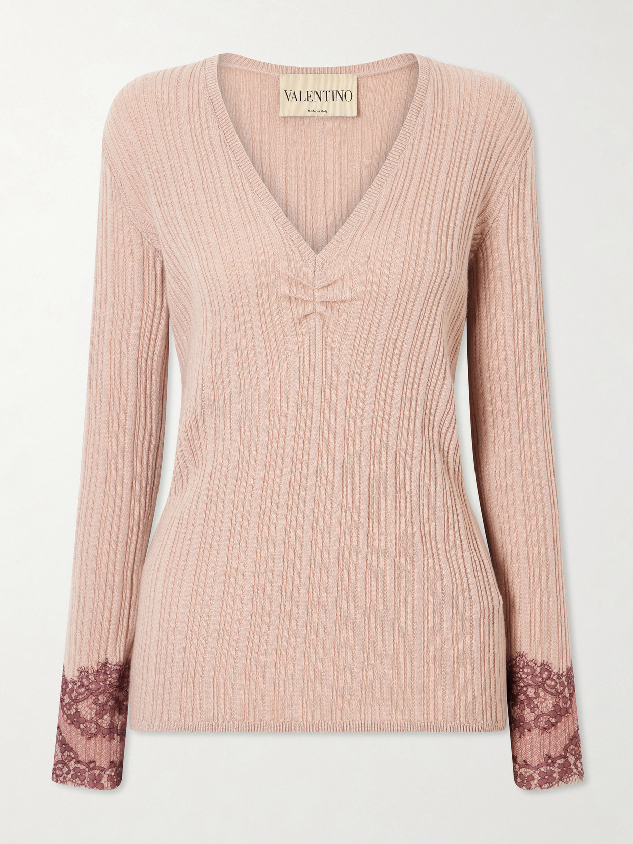 Valentino Lace-trimmed Ribbed Cashmere Sweater In Pink