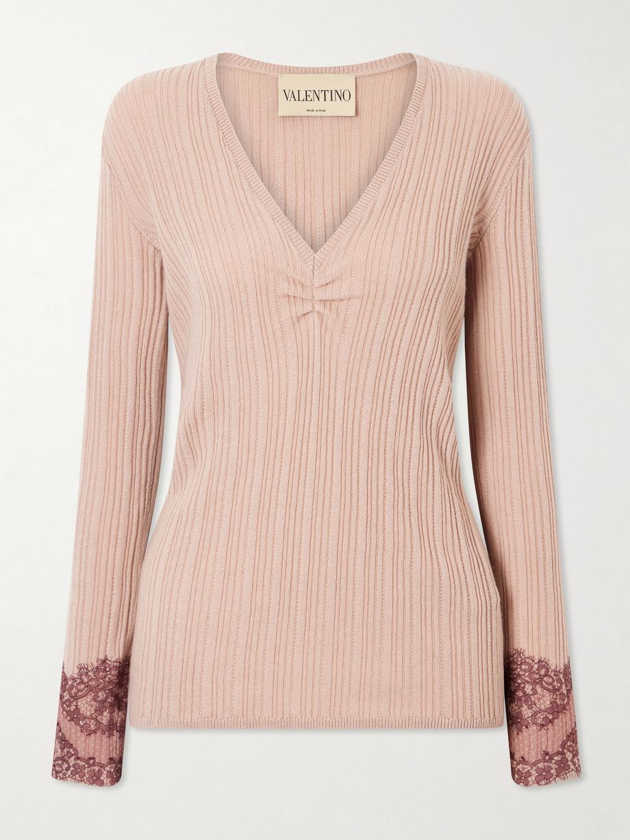 Lace-trimmed ribbed cashmere sweater
