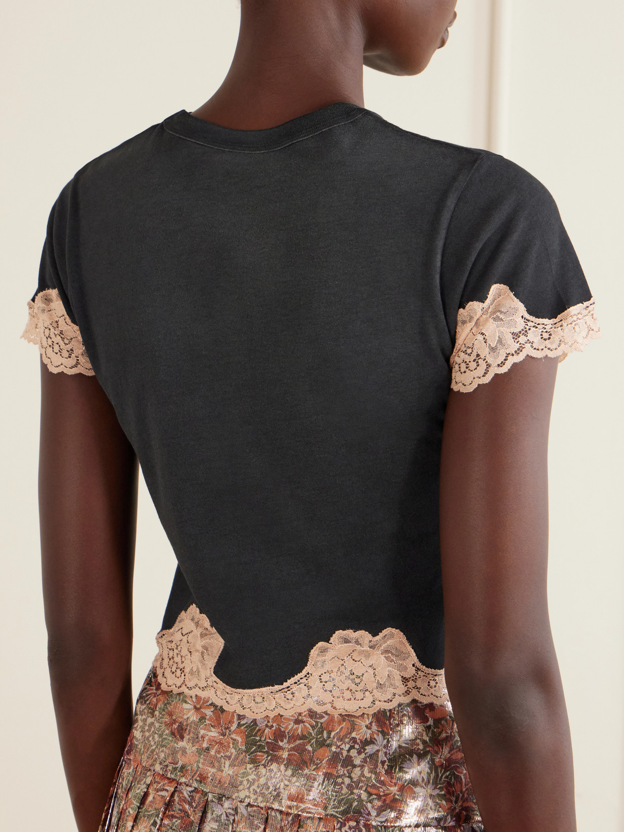 Garavani - Cropped Printed Lace-Trimmed Cotton-Jersey T-Shirt