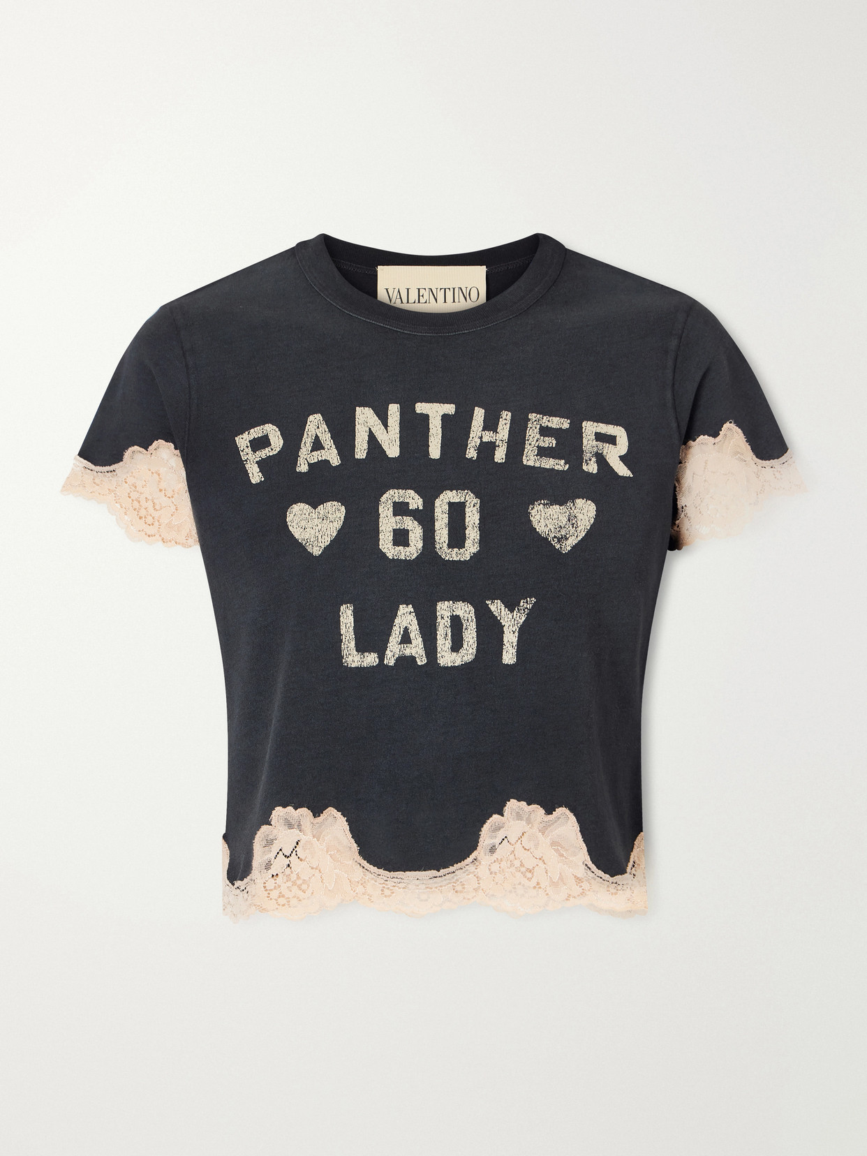 Valentino Cropped Printed Lace-trimmed Cotton-jersey T-shirt In Black