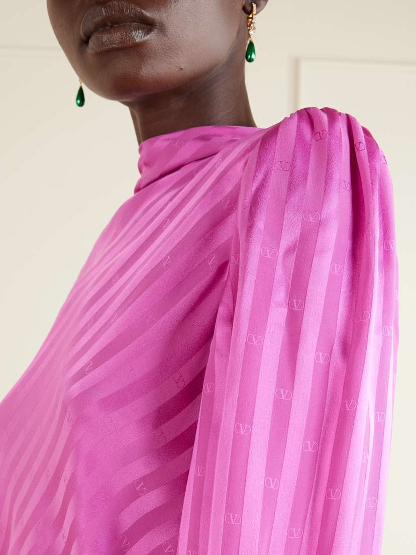 Valentino Garavani Logo-printed Belted Striped Silk Satin-jacquard Midi Dress | Thumbnail 4 Valentino Garavani Logo-printed Belted Striped Silk Satin-jacquard Midi Dress | Thumbnail 4