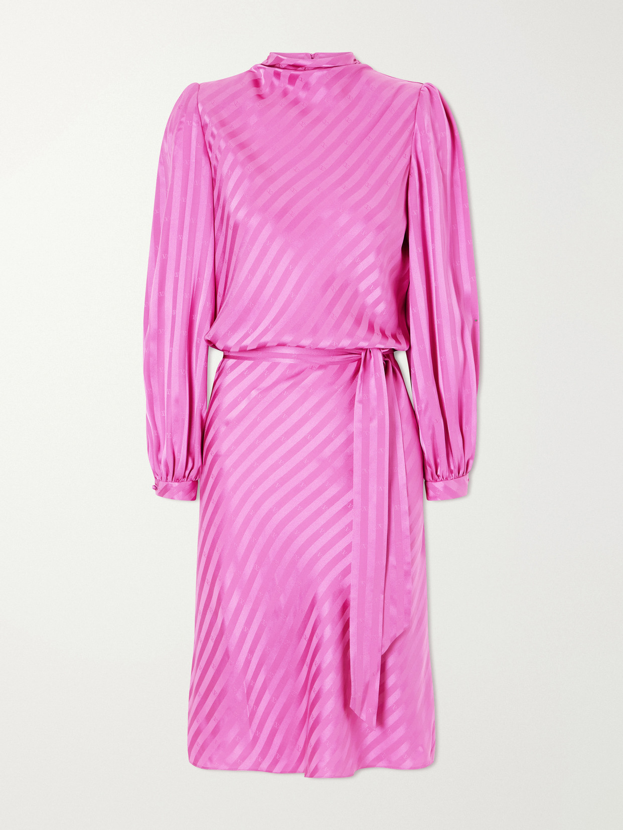 Valentino Logo-printed Belted Striped Silk Satin-jacquard Midi Dress In Pink