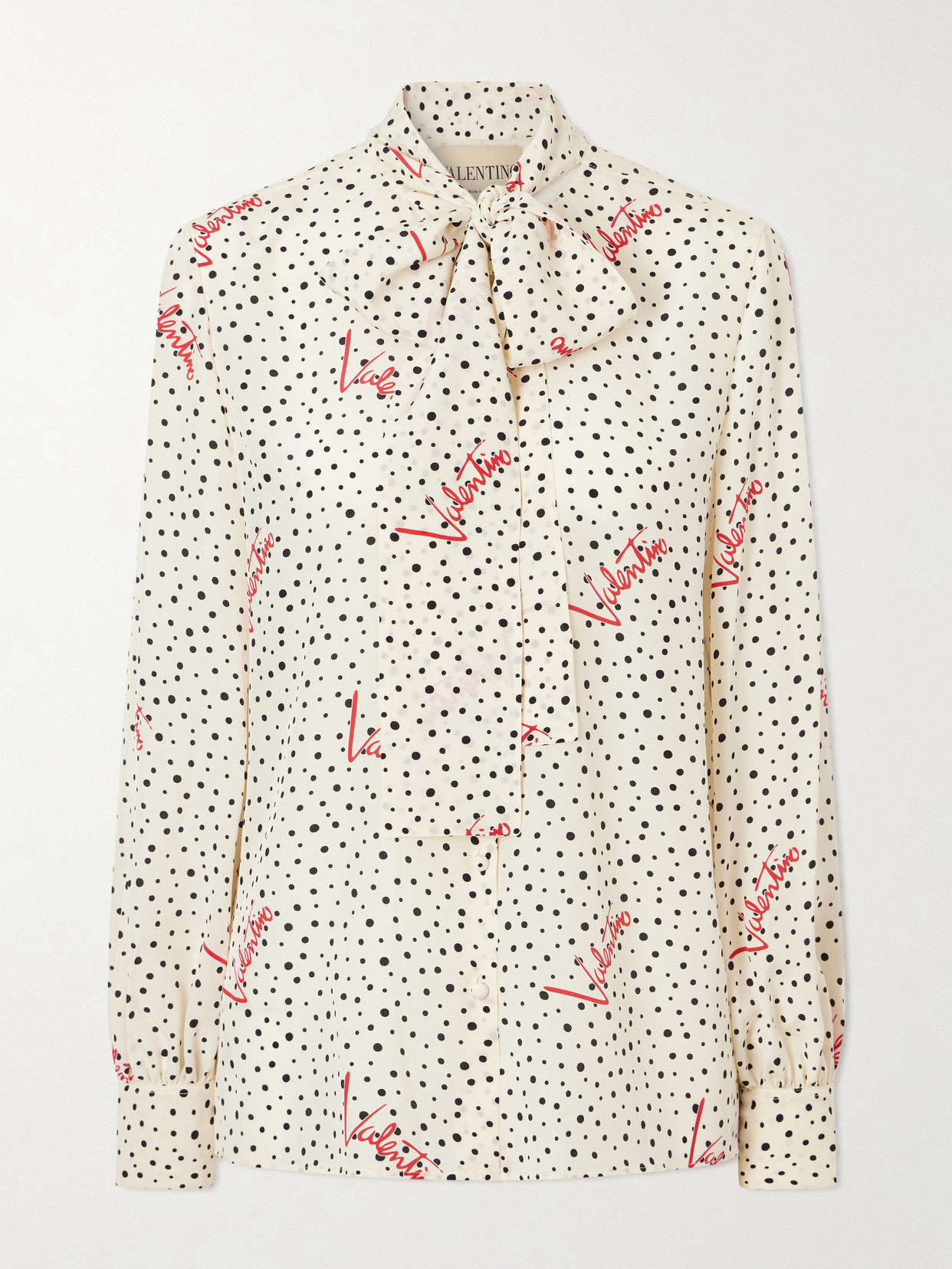 Valentino Pussy-bow Polka-dot Silk Crepe De Chine Blouse In Neutral