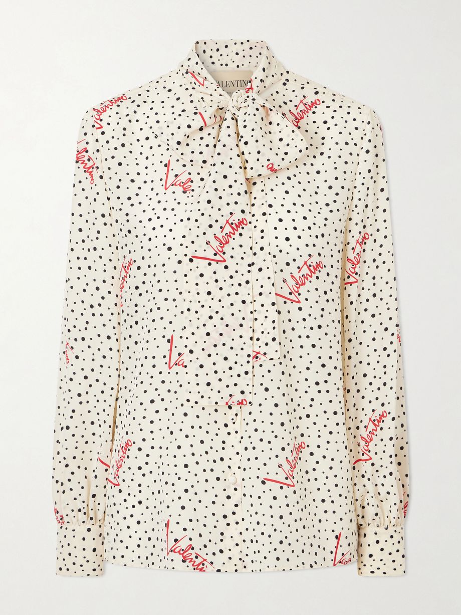 Pussy-bow polka-dot silk crepe de chine blouse