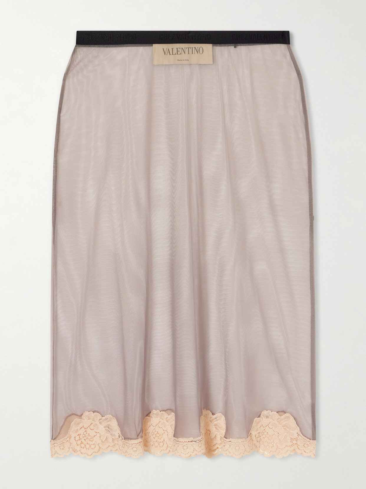 Valentino Lace-trimmed Mesh Midi Skirt In Gray