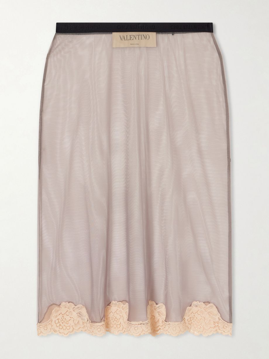 Lace-trimmed mesh midi skirt