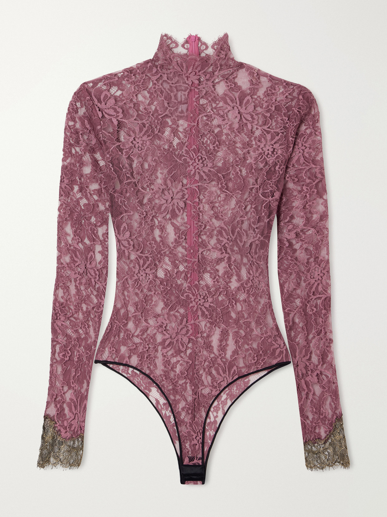 Valentino Scalloped Lace-jersey Bodysuit In Burgundy