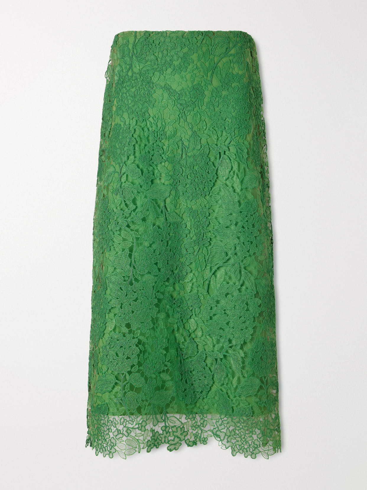 Carolina Herrera Guipure Lace-trimmed Mesh Midi Skirt In Green