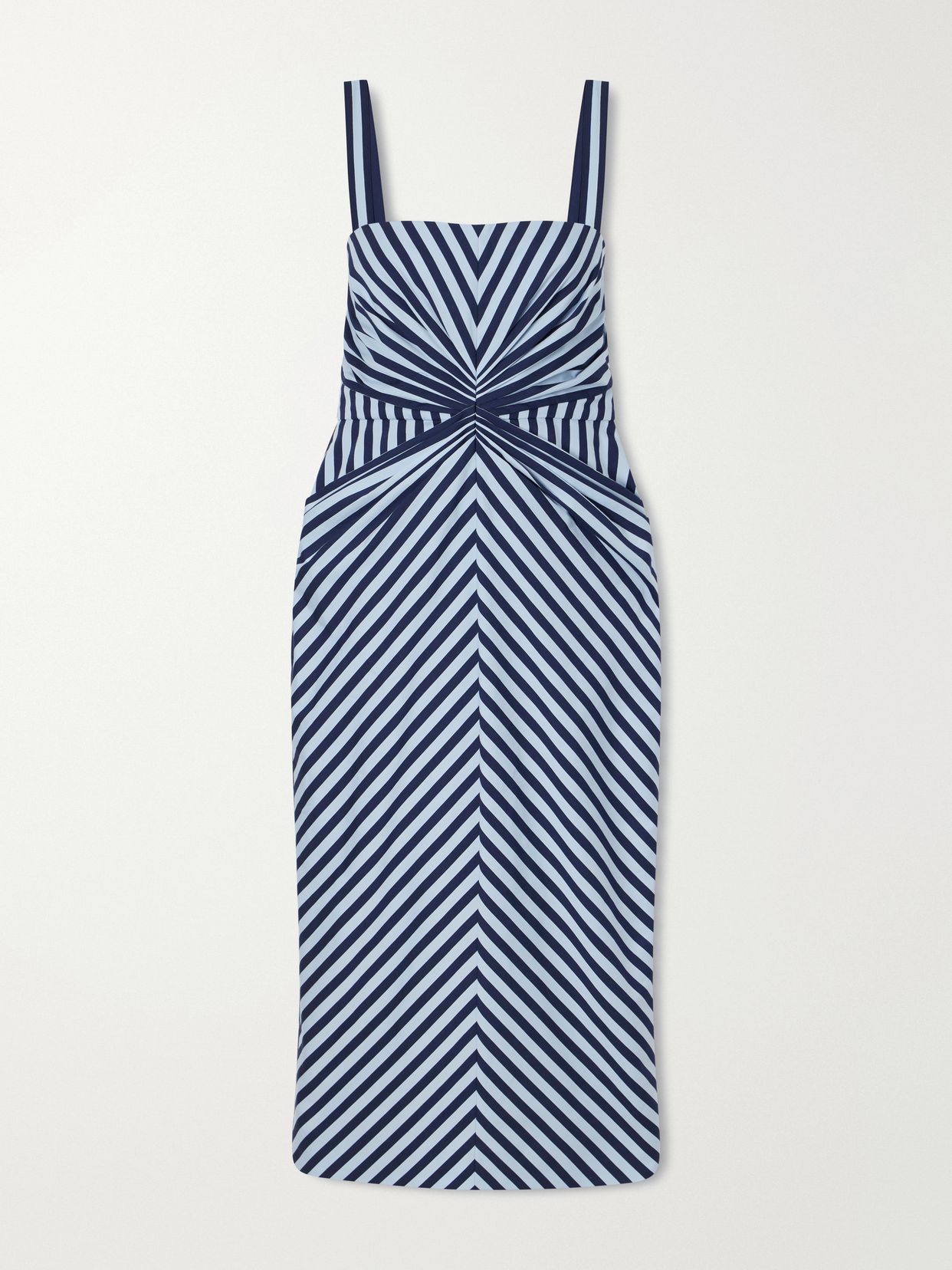 striped ruched cotton blend midi dress