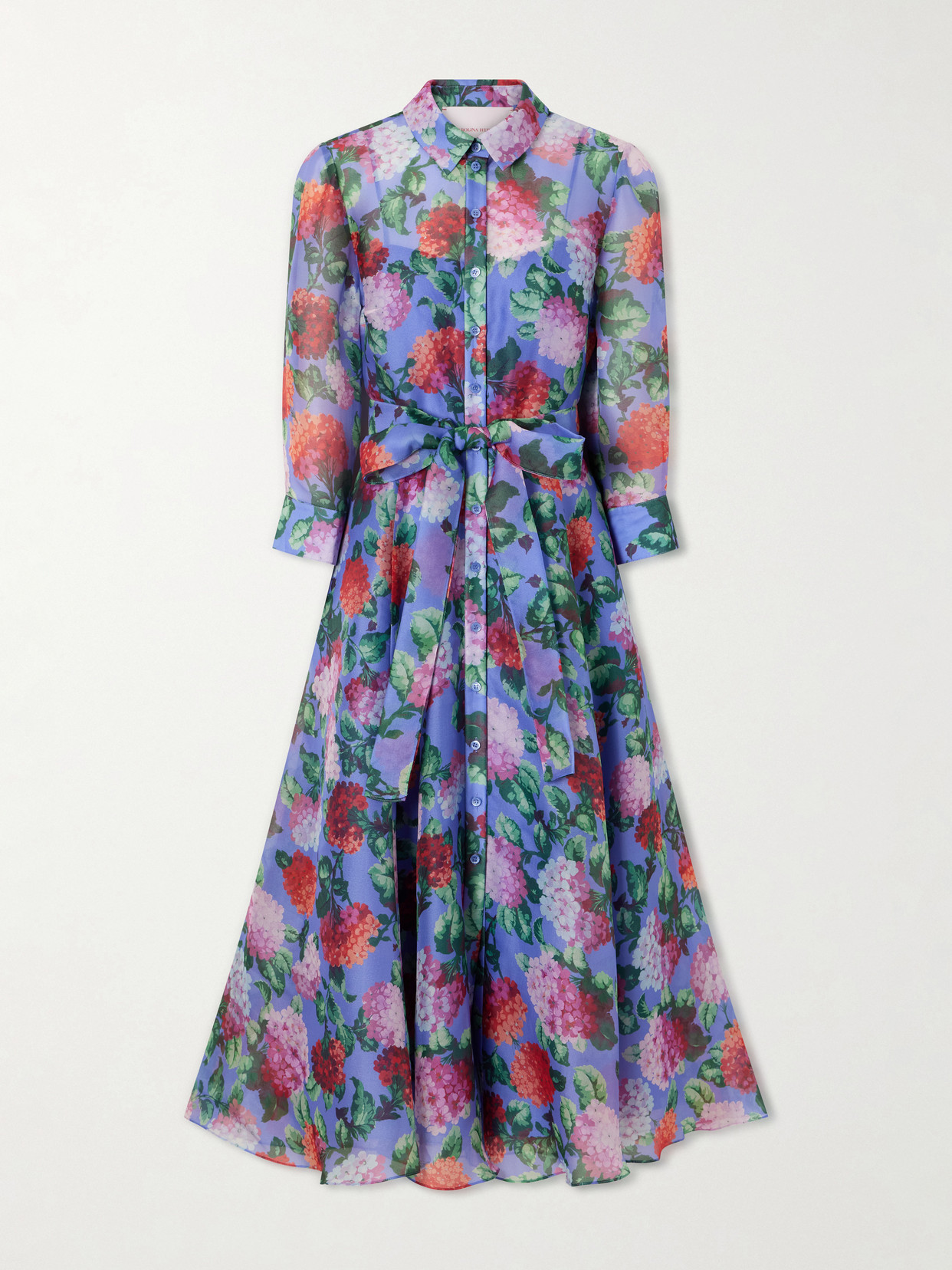 Carolina Herrera Belted Floral-print Silk-organza Midi Dress In Blue