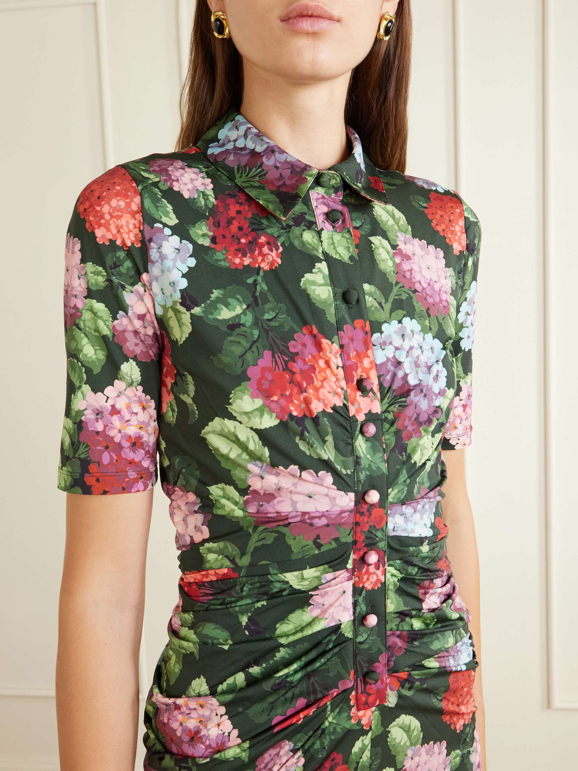 CAROLINA HERRERA Floral-print ruched jersey midi dress | NET-A-PORTER