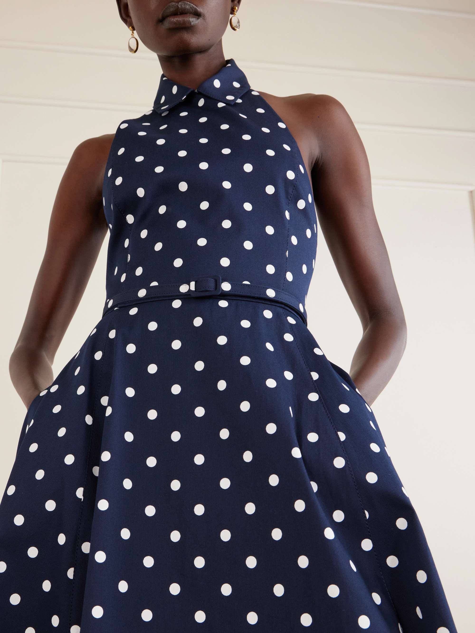 polka dot belted halter dress Carolina Herrera Belted Halter-neck Polka-dot Cotton-blend Twill Midi Dress - Women - Navy Dresses