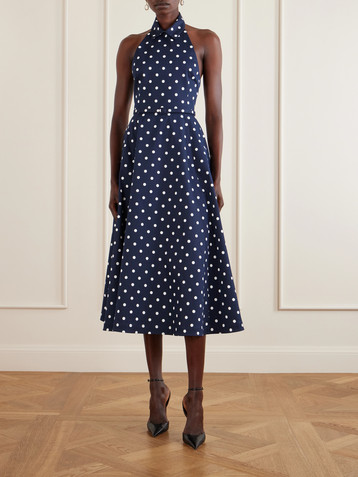 Carolina Herrera Belted halter-neck polka-dot cotton-blend twill midi dress