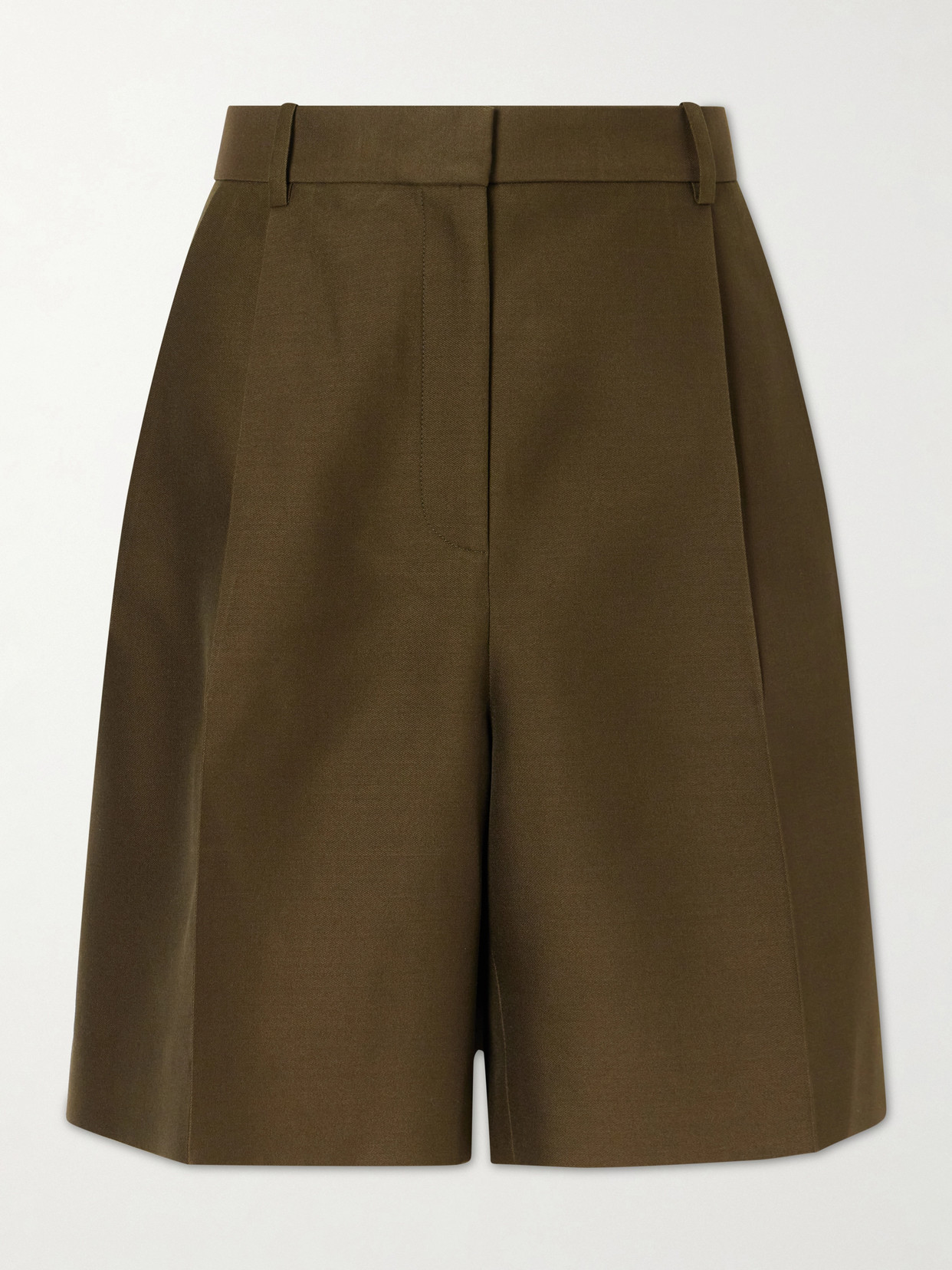 Khaite Auggie Pleated Wool And Silk-blend Shorts In Green
