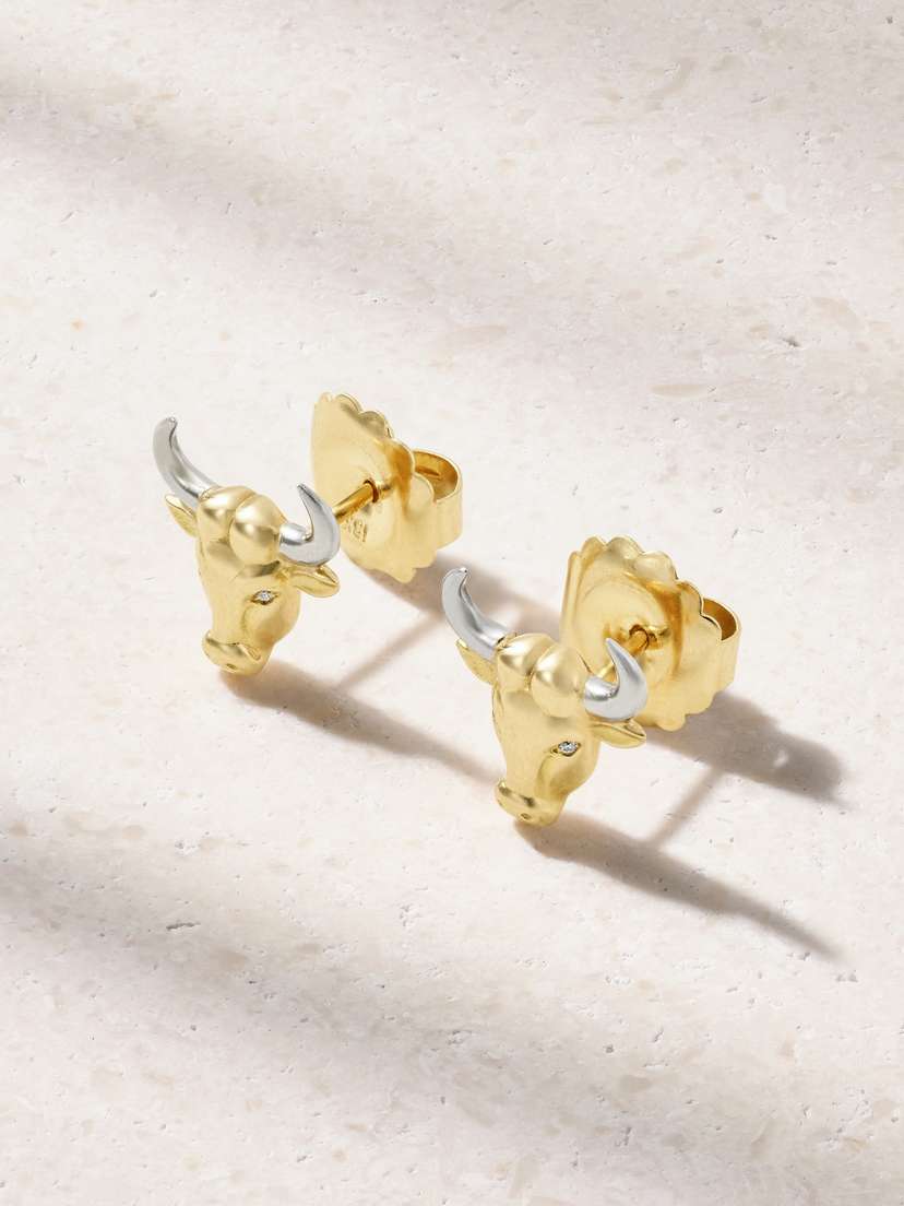 Brent Neale Taurus 18-karat Gold And Rhodium Diamond Earrings