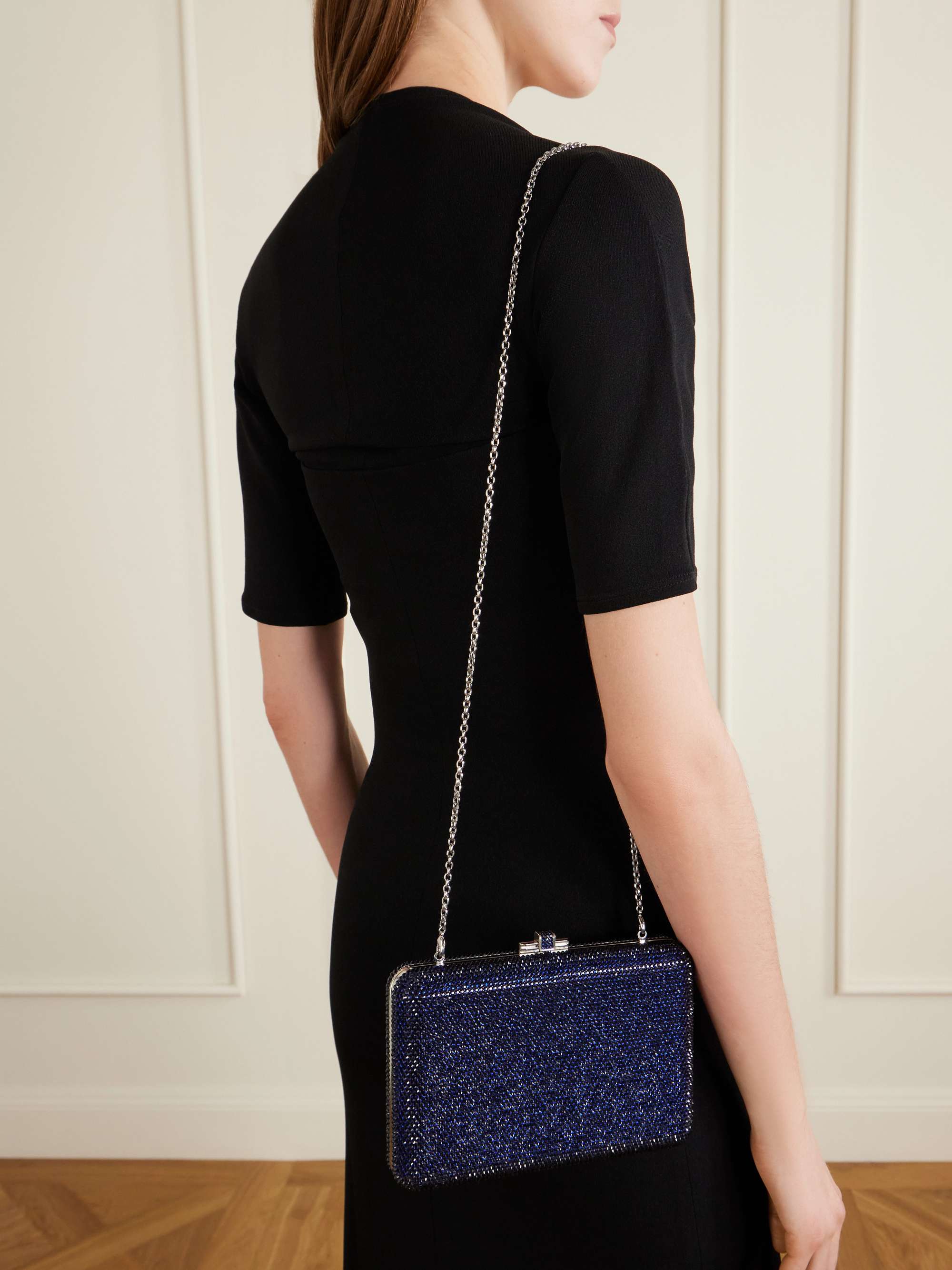 JUDITH LEIBER COUTURE Slim Slide crystal-embellished silver-tone clutch