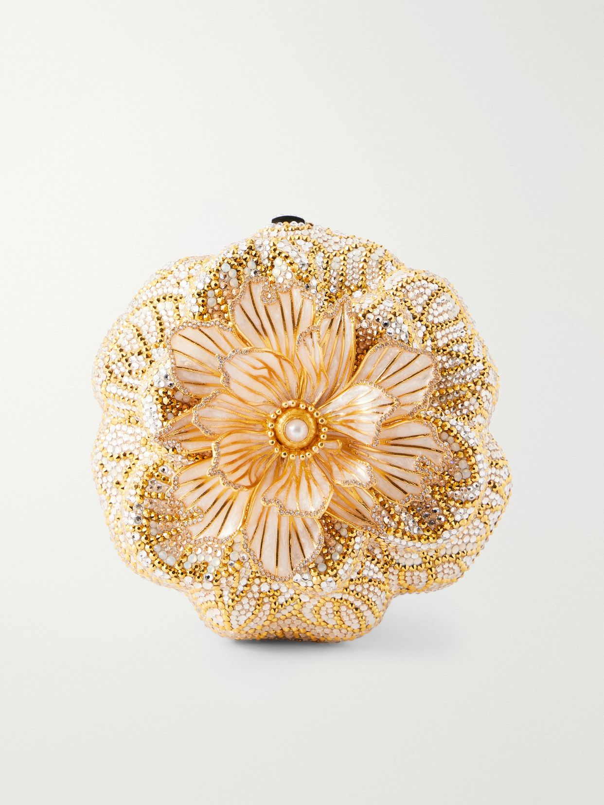 Magnolia crystal-embellished gold-tone clutch